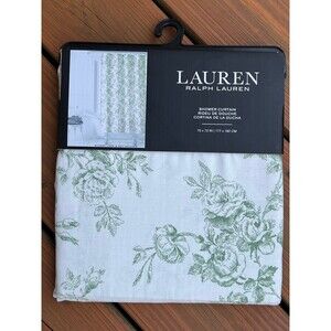 Ralph Lauren Cotton Fabric Shower Curtain White & Green Toile Roses Floral New